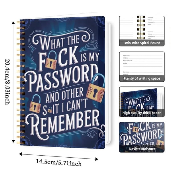 📅Funny Password Notebook - Spiral Bound with Lock Icons & Funny Security Phrases✍️