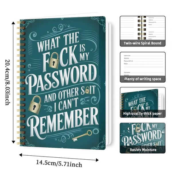 📅Funny Password Notebook - Spiral Bound with Lock Icons & Funny Security Phrases✍️