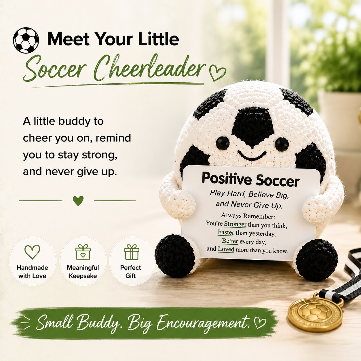 🔥Last Day: BUY 3 GET 1 FREE - ⚽ Positive Soccer Buddy|Handmade Crochet Encouragement Gift 💚